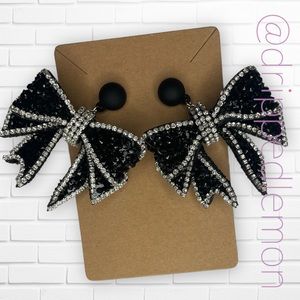 Black Bow Dangle Earrings Women Rhinestone Weddings Party Jewelry Accessories